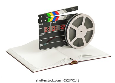 Screenplay Film Concept. Book With Film Trips And Clapperboard, 3D Rendering