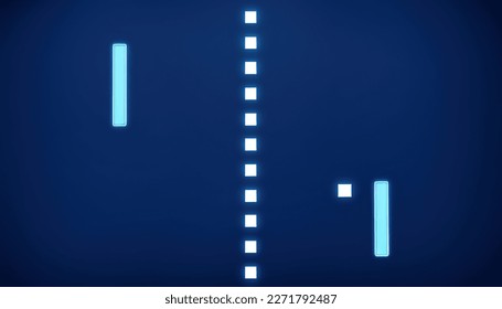 A screenshot from an old computer game of table tennis or ping pong, but recreated (rendering), glowing paddles hitting a square ball back and forth.
