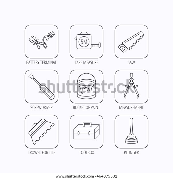 Screwdriver,\
plunger and repair toolbox icons. Trowel for tile, bucket of paint\
linear signs. Measurement, battery terminal icons. Flat linear\
icons in squares on white background.\
