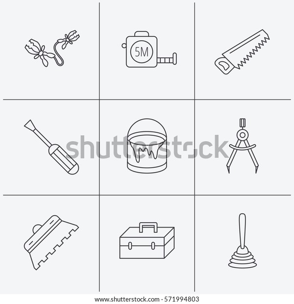 Screwdriver, plunger and repair\
toolbox icons. Trowel for tile, bucket of paint linear signs.\
Measurement, battery terminal icons. Linear icons on white\
background.\
