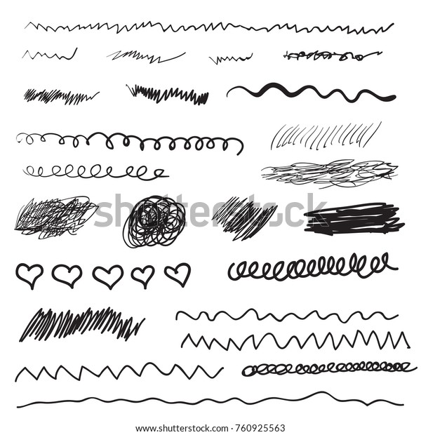 Scribble brush strokes set, logo design element.\
Set of hand drawn line borders. Sketch strokes isolated on white.\
Doodle style\
brushes