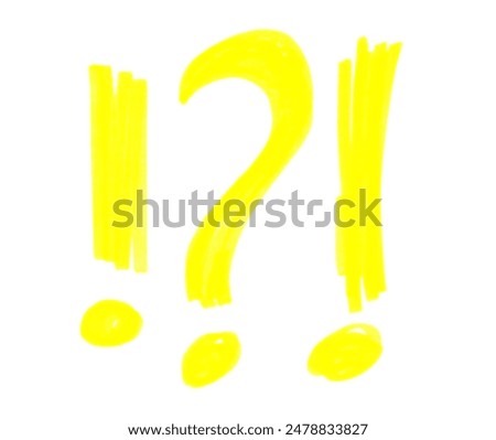 Scribble symbol question mark and exclamation mark, yellow fluorescent marker isolated on white background	