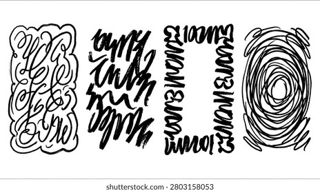 Scribble texture blocks presents interlaced lines rough scribbles circles and dense texture panels in expressive black outline illustration on a clean white background. This isolated artwork suits texture swatches background pages pattern posters websites labels and material layouts and commercial stock projects needing simple clear visual communication.