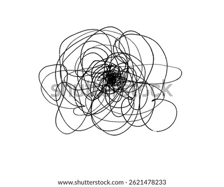 Scribble of thin lines isolated on white background. Black color. More filled with chaotic lines in the center. Linear pen drawing. Doodle. Pen painting. Chaos. Abstraction. Dwarf.