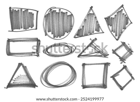 Scribbles and geometric shapes, hand draw black felt tip pen, isolated on white