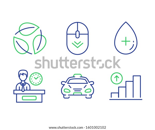 Scroll down, Leaves and
Presentation time line icons set. Taxi, Oil serum and Graph chart
signs. Mouse swipe, Nature leaf, Report. Public transportation.
Business set.