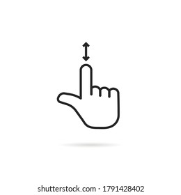 scroll down like thin line hand. concept of up and down arrow for using phone touchpad or tablet. flat stroke trend modern logotype lineart graphic art minimal design isolated on white background