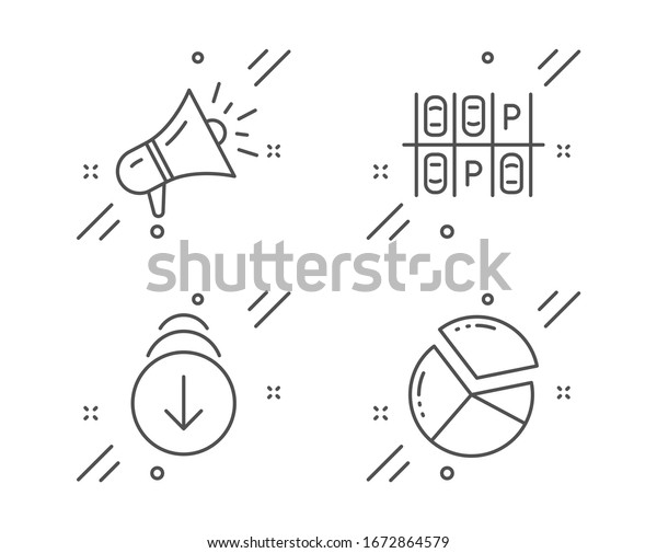 Scroll down,\
Megaphone and Parking place line icons set. Pie chart sign. Swipe\
screen, Brand advertisement, Transport. Presentation graph.\
Business set. Line scroll down outline\
icon.