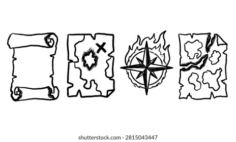 Scroll and map symbol set in black outline, showing a blank scroll gear page compass map and another page form an old chart collection. Isolated on white, the doodle set stays clear and readable. Useful for education navigation study in editorial, educational, and digital design.