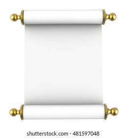 Scroll Paper With Golden Handles Isolated On White Background. 3D Illustration.