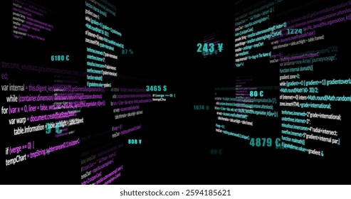 Scrolling code and data processing in dark image background. Coding, programming, technology, software, development, digital