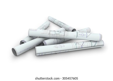 Scrolls Of Engineering Drawings. Isolated Render On A White Background