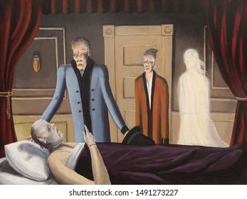 Scrooge And The Ghost Of Christmas Past Look In On A Scene From 7 Years Earlier Where Jacob Marley, On His Deathbed Warns Scrooge To Change His Ways.