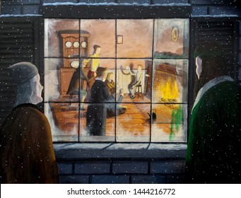 Scrooge And The Ghost Of Christmas Present Look In On The Happy Scene Of The Cratchit Family Celebration.  From Dickens' A Christmas Carol.