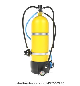 Scuba diving air tank with regulator set. 3d rendering illustration isolated on white background