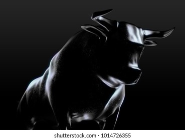 A sculpted casting depicting a bull in dramatic contrasting light representing financial market trends on an isolated dark background - 3D render