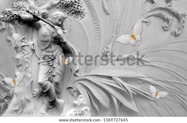 壁3dの壁紙にクリシュナ神の彫刻 のイラスト素材 1369727645