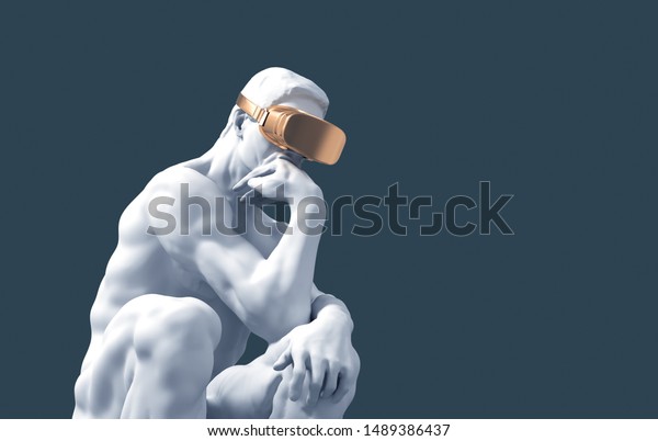 Sculpture Thinker With Golden VR Glasses On
Blue Background. 3D
Illustration.