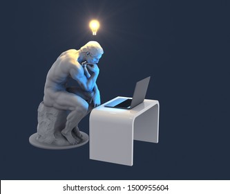 Sculpture Thinker With Laptop And Glowing Light Bulb Over His Head As Symbol Of New Idea. Blue Background. 3D Illustration.