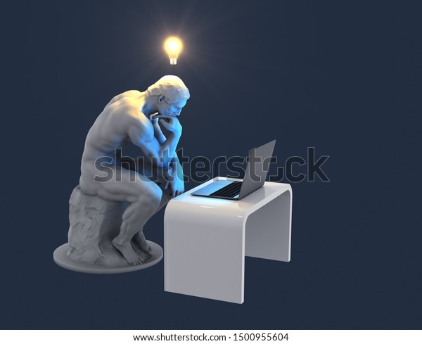 Sculpture\
Thinker With Laptop And Glowing Light Bulb Over His Head As Symbol\
Of New Idea. Blue Background. 3D\
Illustration.