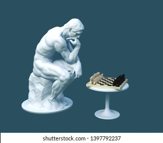 Sculpture Thinker Pondering The Chess Game On Blue Background. 3D Illustration.