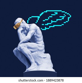 Sculpture Of A Thinker With Virtual Reality Glasses And Digital Wings Behind His Back. 3D Illustration.