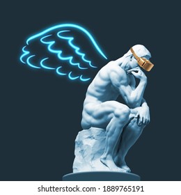 Sculpture of a thinker with VR glasses and painted wings behind his back. 3D illustration.
