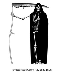 Scytheman Skeleton In Black Raincoat With A Scythe Isolated On White. Vintage Engraving Stylized Drawing