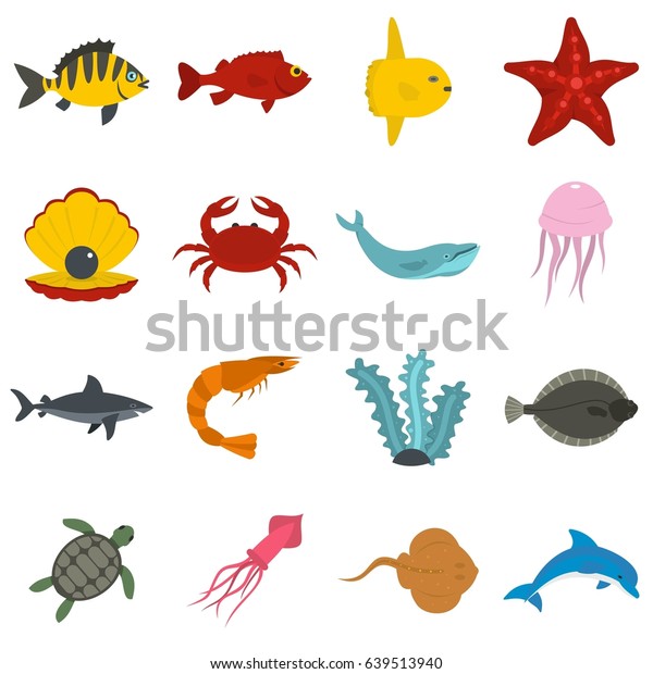 Sea Animals Icons Set Flat Style Stock Illustration 639513940