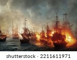 A sea battle between sailing ships and galleons from the 16th century. Pirate boats are on fire in the ocean as cannons shoot fire. 3D illustration and fantasy digital painting.