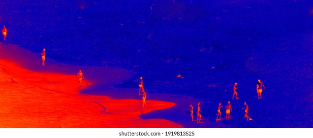 Sea and beach. Reverse image where people walk on water. Jesus and then his 12 disciples walk on water concept - profane miracle now.  Thermal impressionism. Conceptualism