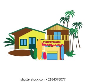 Sea Beach Side Farm House And Street Shop In Bright Colour, Coconut Tree With Tropical Plants In Sea Side Area.Tropical Leaf And Plant