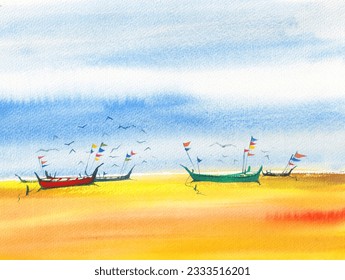 Sea beach watercolor landscape