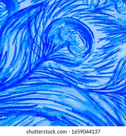 Sea Bird Tail Print. Aquamarine Watercolor Sketch Brush. Sky Bird Sakura Design. Watercolor Flower Animal. White Illustration. Indigo Relax Art.