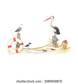 Sea birds seagulls, pelican and sandpipers on beach, on sand coast sea, ocean or lake, wildlife watercolor illustration, summer composition for your text, marine travel.