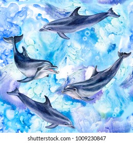 Sea blue seamless pattern with dolphins. Illustration. Watercolor. Template. Clipart. Sea life