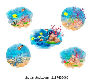 Sea bottom  Coral reef  shellfish  tropical fish  Set watercolor illustrations for logo  label  poster  print  postcard  stationery 