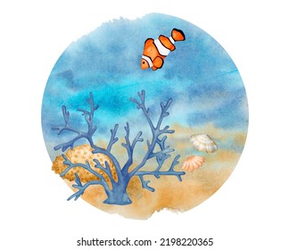 Sea bottom  Watercolor composition  Coral reef  shellfish  clown fish  Illustration for logo  label  poster  print  postcard  stationery 