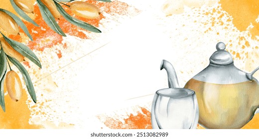 Sea buckthorn hot tea in glass kettle with cup, berries branches on watercolor splashes illustration. Hand drawn banner template, beverage packing design. drinking for menu, restaurant design. - Powered by Shutterstock