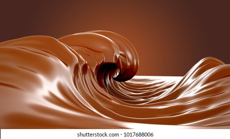 The sea of chocolate. A splash of chocolate on a brown background. Wave, flow, liquid, clipping path. 3d illustration, 3d 
rendering.