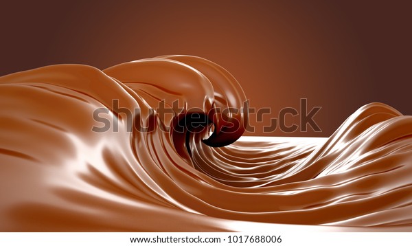 チョコレートの海 茶色の背景にチョコレートのスプラッシュ 波 流れ 液体 切り取り線 3dイラスト 3dイラスト レンダリング のイラスト素材