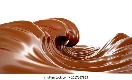 The sea of chocolate. A splash of chocolate on a white background, isolated. Wave, flow, liquid, clipping path. 3d 
illustration, 3d rendering.