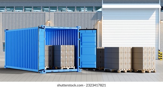 Sea container with boxes. Preparing parcels for shipping. Container near production building. Pallets with boxes in open air. Twenty-foot sea container. Freight transport concept. 3d image
