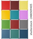 Sea containers. Multicolored cargo tare isolated. Building wall of shipping containers. Several metal boxes on top of each other. Sea containers for logistics. Background, backdrop. 3d image