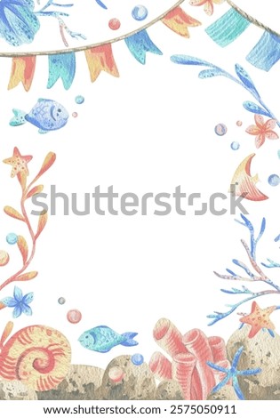 Sea corals, algae, shells, starfish, fish, bubbles. Watercolor illustration hand drawn in coral, turquoise and blue colors. rectangular vertical frame template isolated from the background