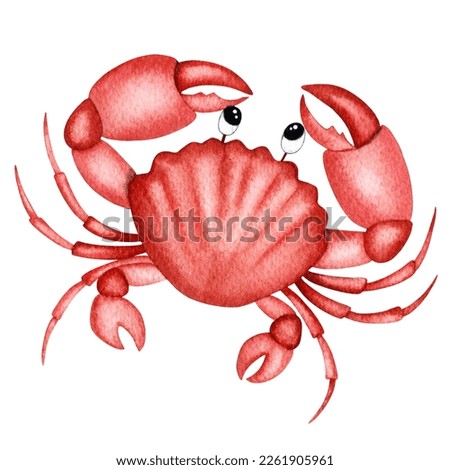 sea ​​red crab watercolor illustration.  Cute cartoon crab drawing for kids