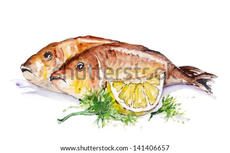 Sea crucian fish fried on the grill with lemon and parsley isolated. Handmade watercolor painting illustration on a white paper art background