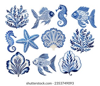 sea elements embroidery set, design, illustration, ocean shell, fish, collection, beach, blue, indigo, star fish