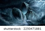 Sea fantasy landscape with a huge whale in the ocean among high waves and shipwrecks. An ancient underwater monster with sharp teeth and an open mouth attacks Viking ships during a severe storm.