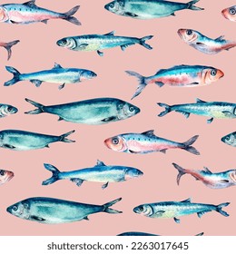 Sea fish horizontally seamless pattern watercolor isolated on pink.